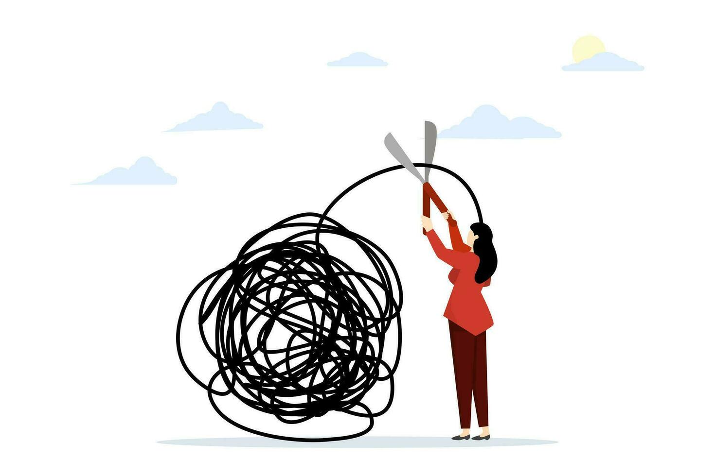 concept of removing stress from busy work or toxic work environment, changing behavior for better mental health, work life balance. Businessman cutting messy tangled lines stuck to his head. vector