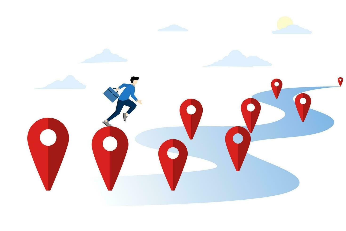 planning steps or progress concept, Roadmap, project milestones or business journey achievements, workflow or process timeline to success, businessman walking on location pins on business roadmap. vector