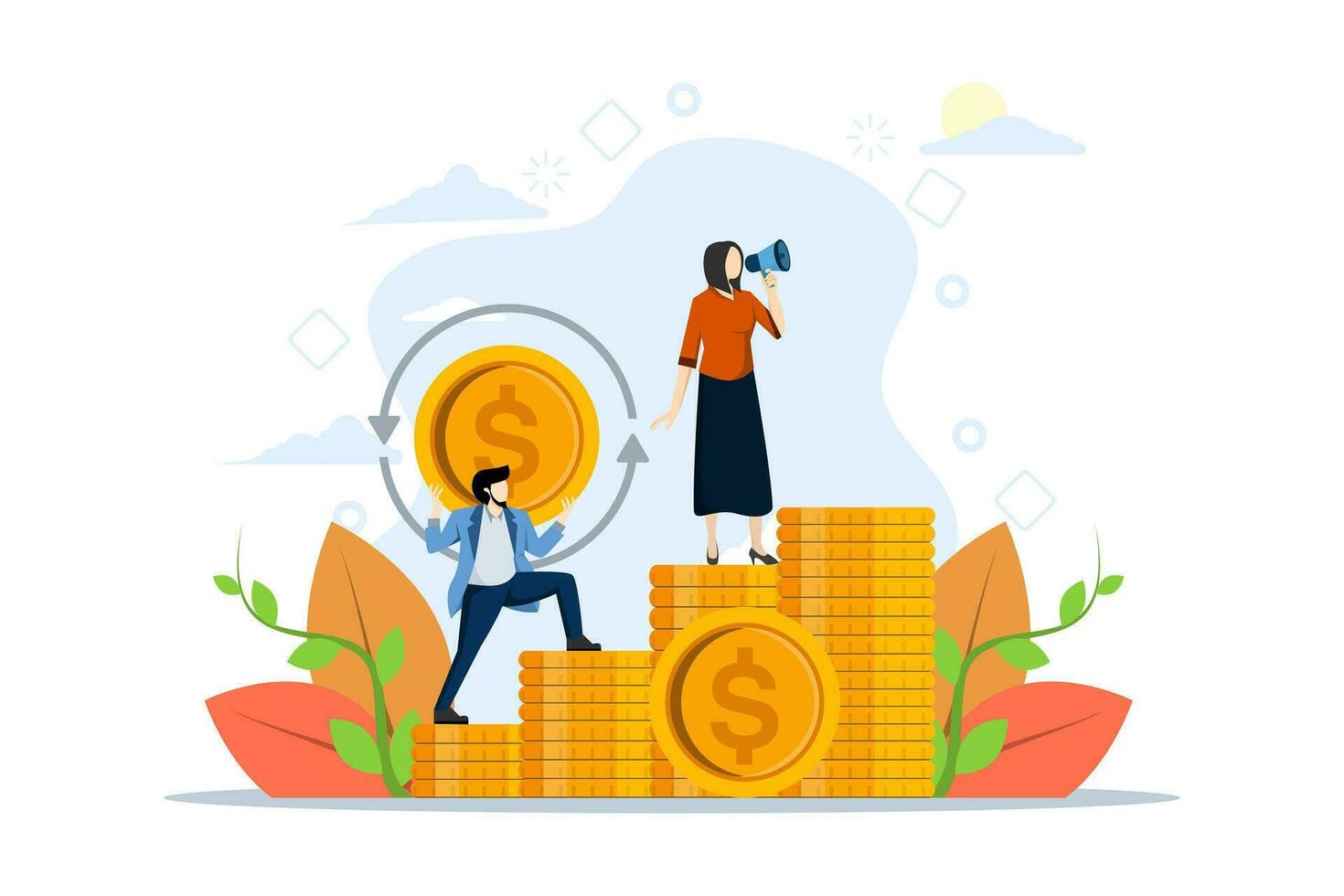 Online banking concept, money transfer, cash back, money growth. character with debit or credit card coin money and earn money online. Modern vector illustration in flat design.
