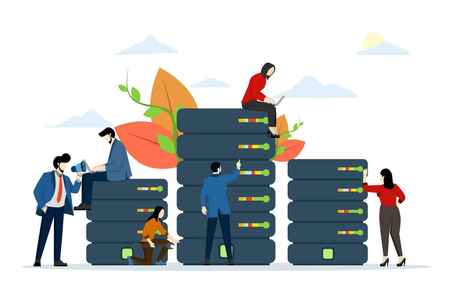 server room concept for network and telecommunications technology, data storage, information, file transfer over network vector, conceptual vector illustration on a white background.