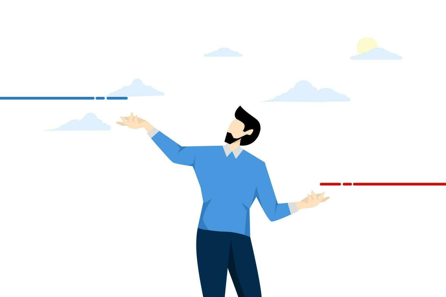 concepto de resultado expectativa vs realidad, alto estándar o ambición a tener éxito y lograr meta, desafío o esperanza, motivación, deseo de empresario y otro lado como resultado línea. vector