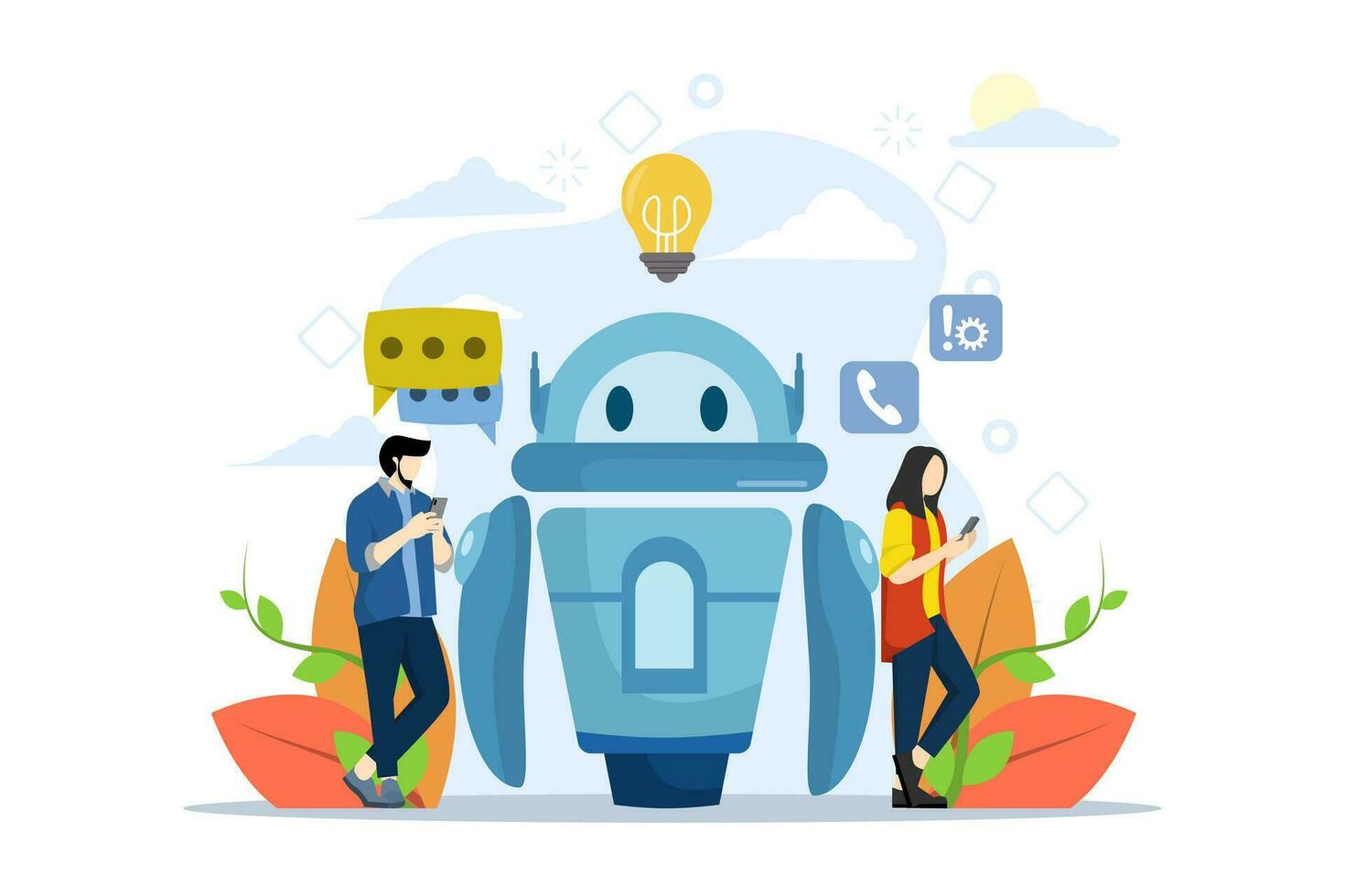 Virtual assistant concept, business development, sales boost, communication assistance service, customer service robot. Men and women use chat bot services. Vector illustration in flat design.