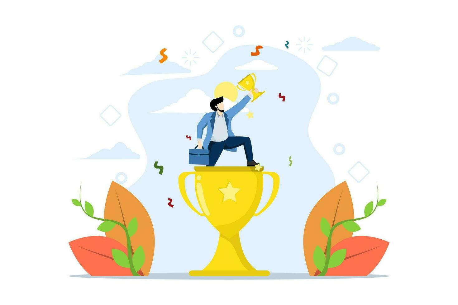 business victory or achievement concept, win or award, achievement leadership success, determination for career success, cheerful winning businessman holding trophy above big win trophy. vector. vector