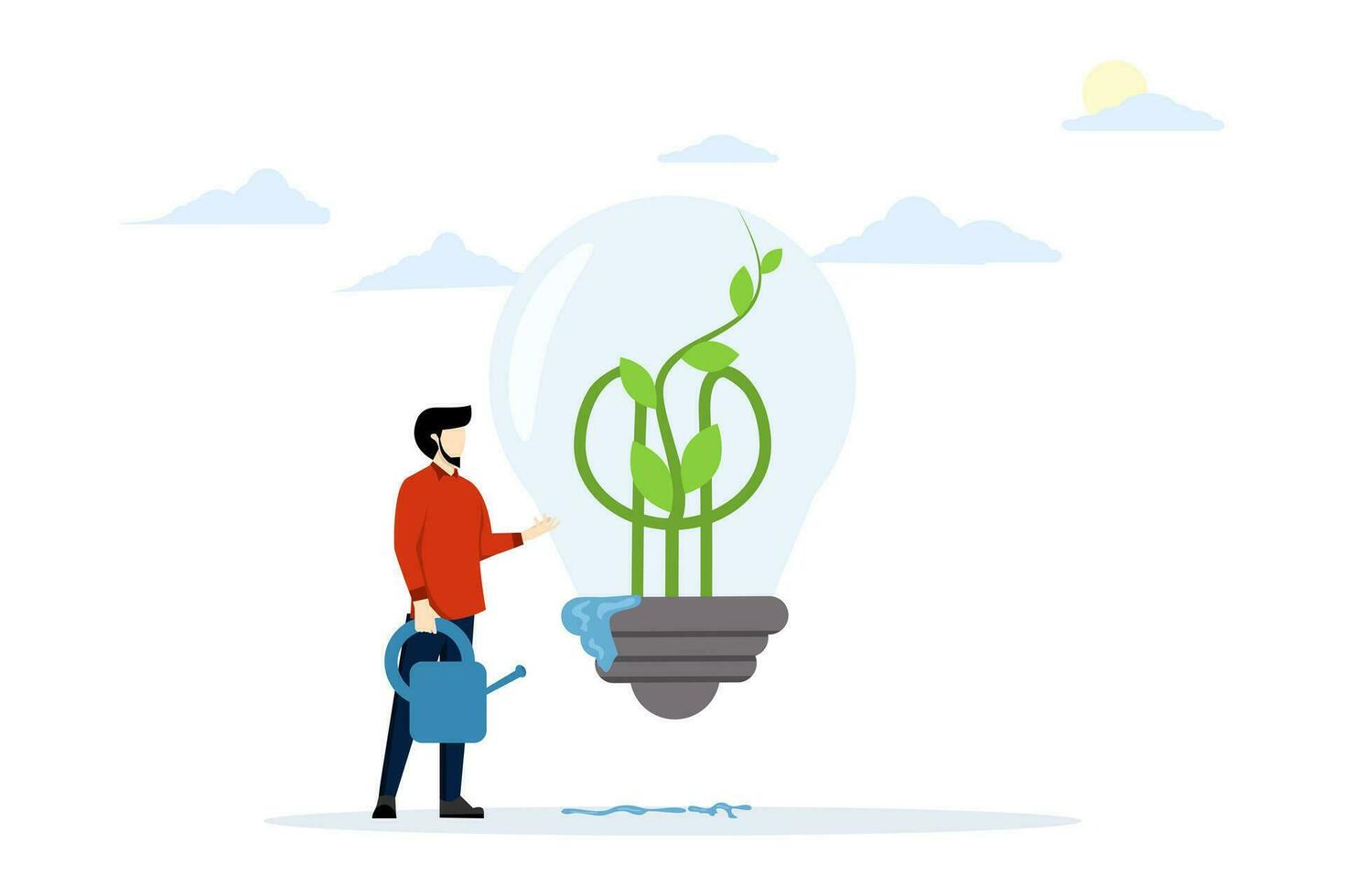 sustainable ecology and energy concept, green idea or protection against world climate change, environmental care, smart businessman watering sprouts growing inside green light bulb idea. vector