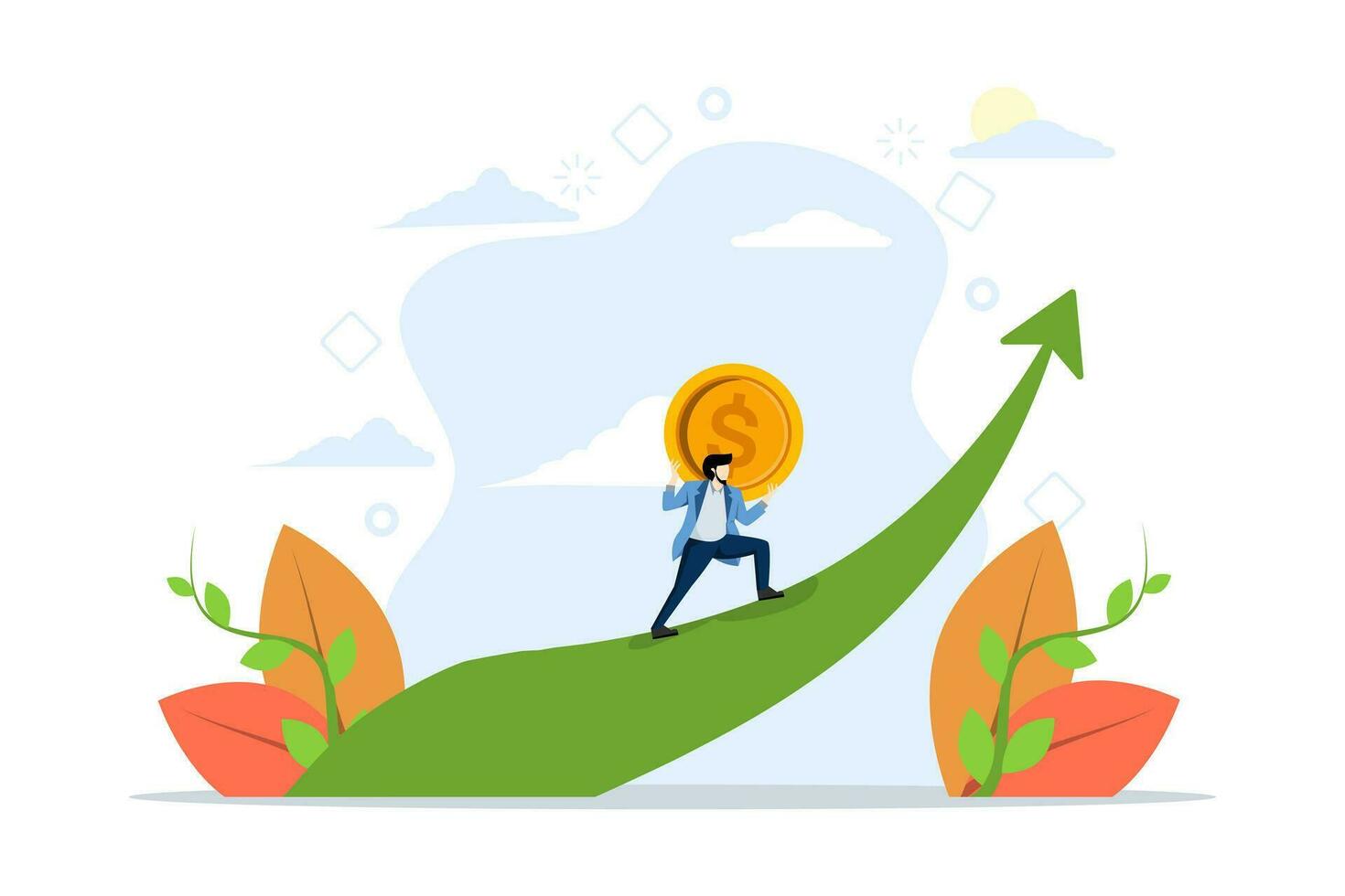 the concept of increase in sales, investment growth or increase in income and profit, increase in salary or income, financial prosperity, strong businessman investors carry gold coins up graph rising. vector