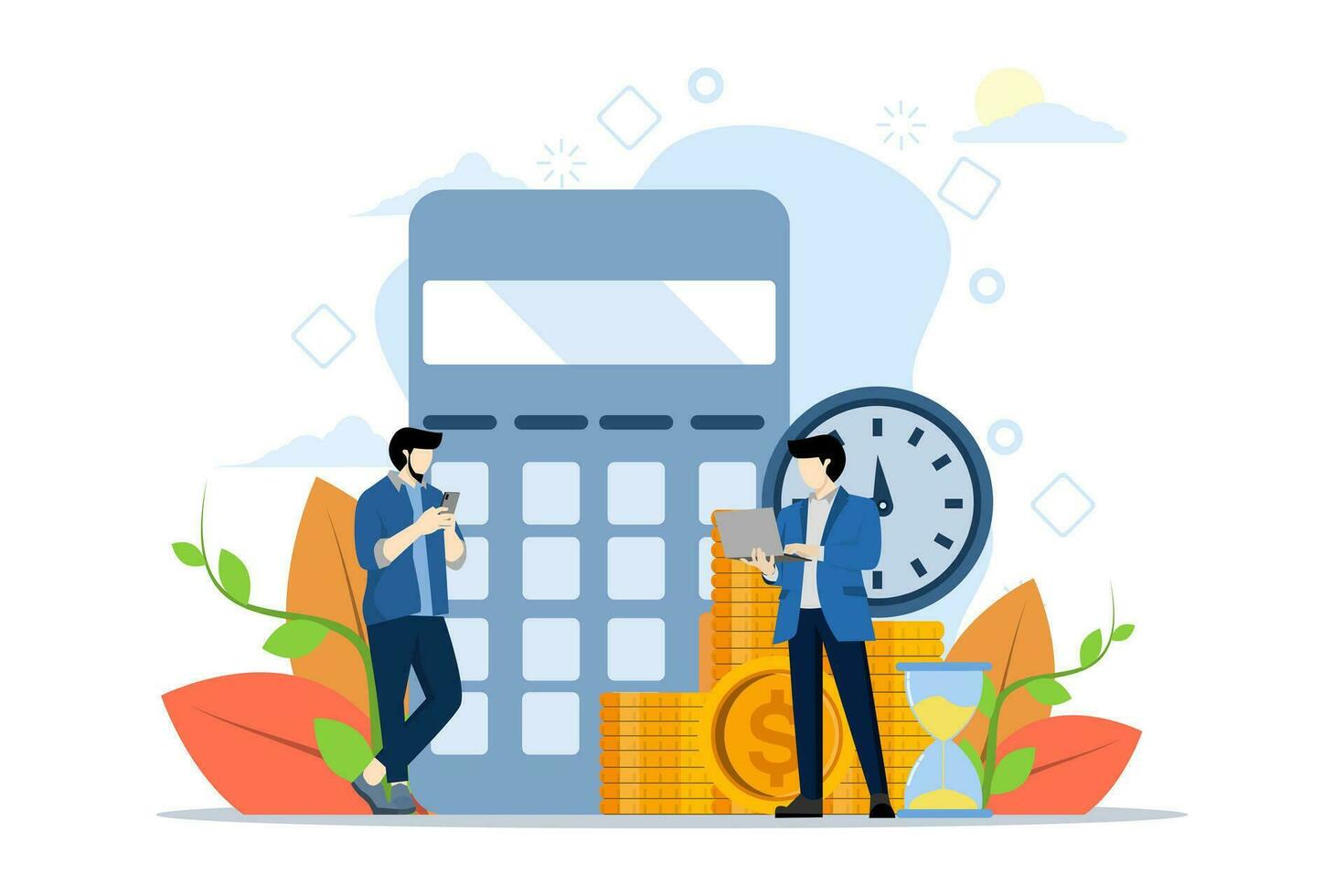 Concept of financial management, optimization, tasks, financial accounting. Humans rely on calculators. Financial administration. Vector illustration in flat design for UI, banner, mobile app.