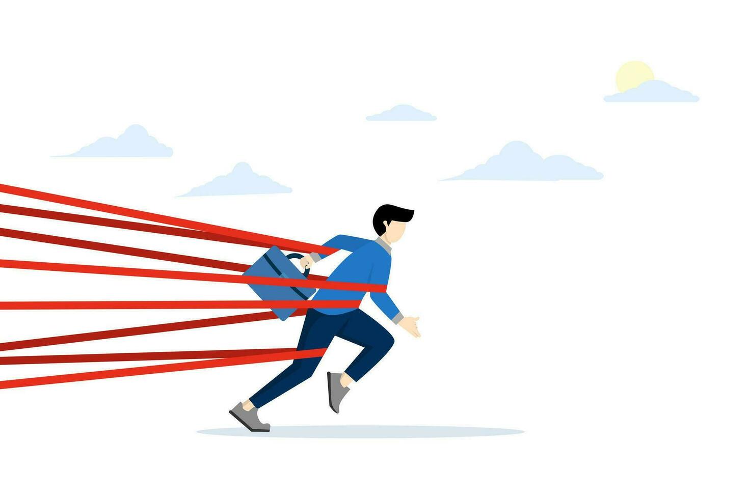 concept of business difficulties or struggles with career barriers, limitations and pitfalls or challenges to overcome success, bureaucratic bound businessman trying to escape with full effort. vector