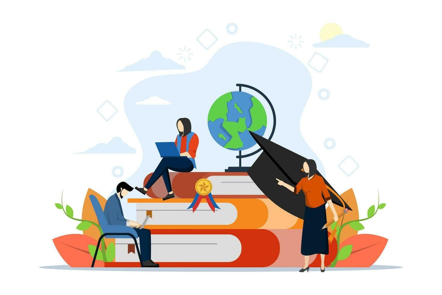 Online Education Concept, Showing young people studying online, Suitable for landing page, ui, web, app intro card, editorial, flyer, and banner, Flat Vector Illustration on a white background.