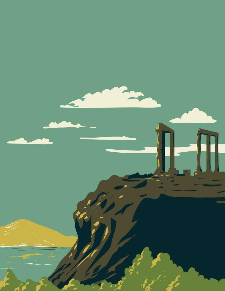 Cape Sounion with Temple of Poseidon Ruins Greece WPA Art Deco Poster vector
