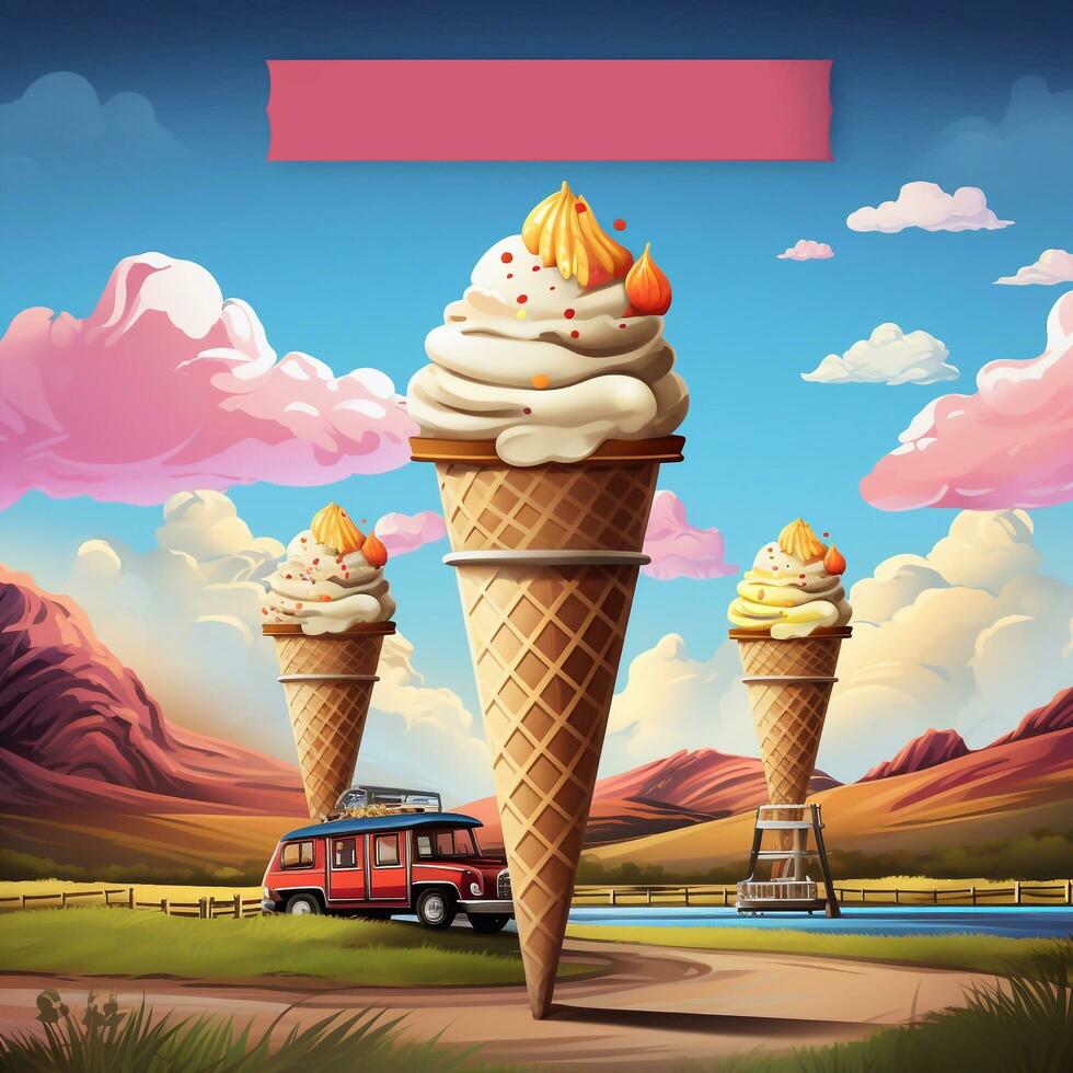Strawberry-Topped Multicolored Whipped Ice Cream Joy Generative AI photo