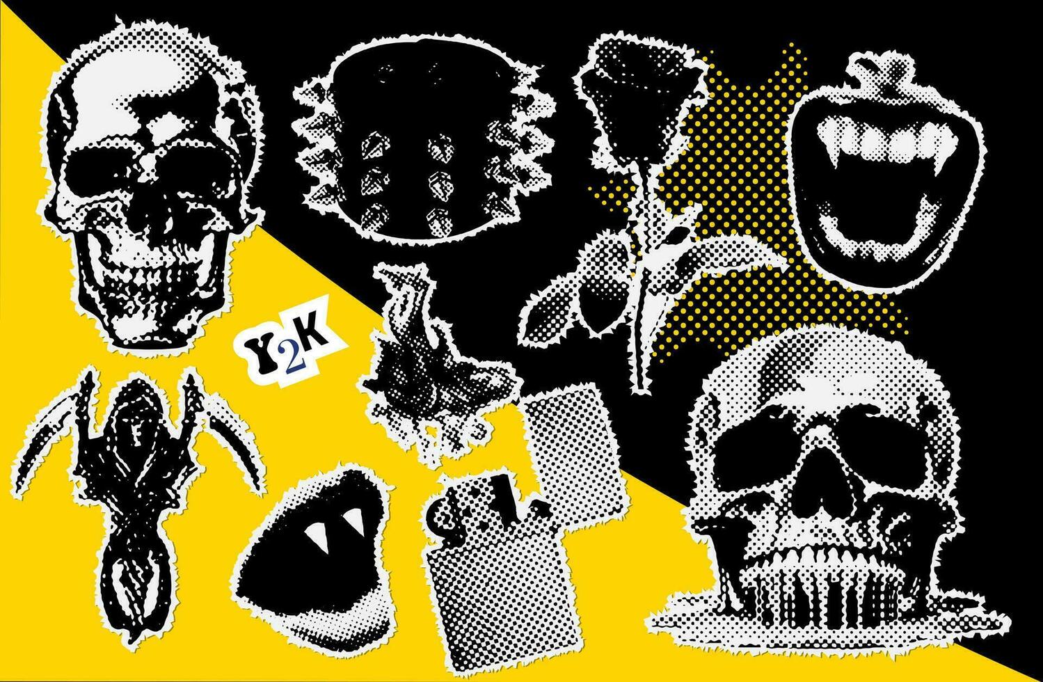 Brutal collage design elements set in dotted style. Retro halftone effect - Skull, vampire mouth, spiked wristband, lighter with fire, rose. Vector illustration with vintage grunge punk cutout shapes.