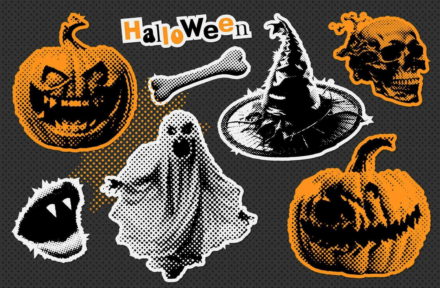 Halloween paper stickers with halftone collage elements. Halftone pumpkin, witch's hat, ghost, vampire's lips, skull bone collection. Trendy vintage vector illustration.