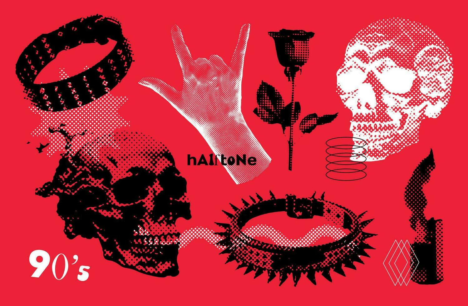 Halftone set of dotted rose, rock gesture, skull in dor point realistic illustration. Grunge routh collage elements. Trendy y2k vector collection.
