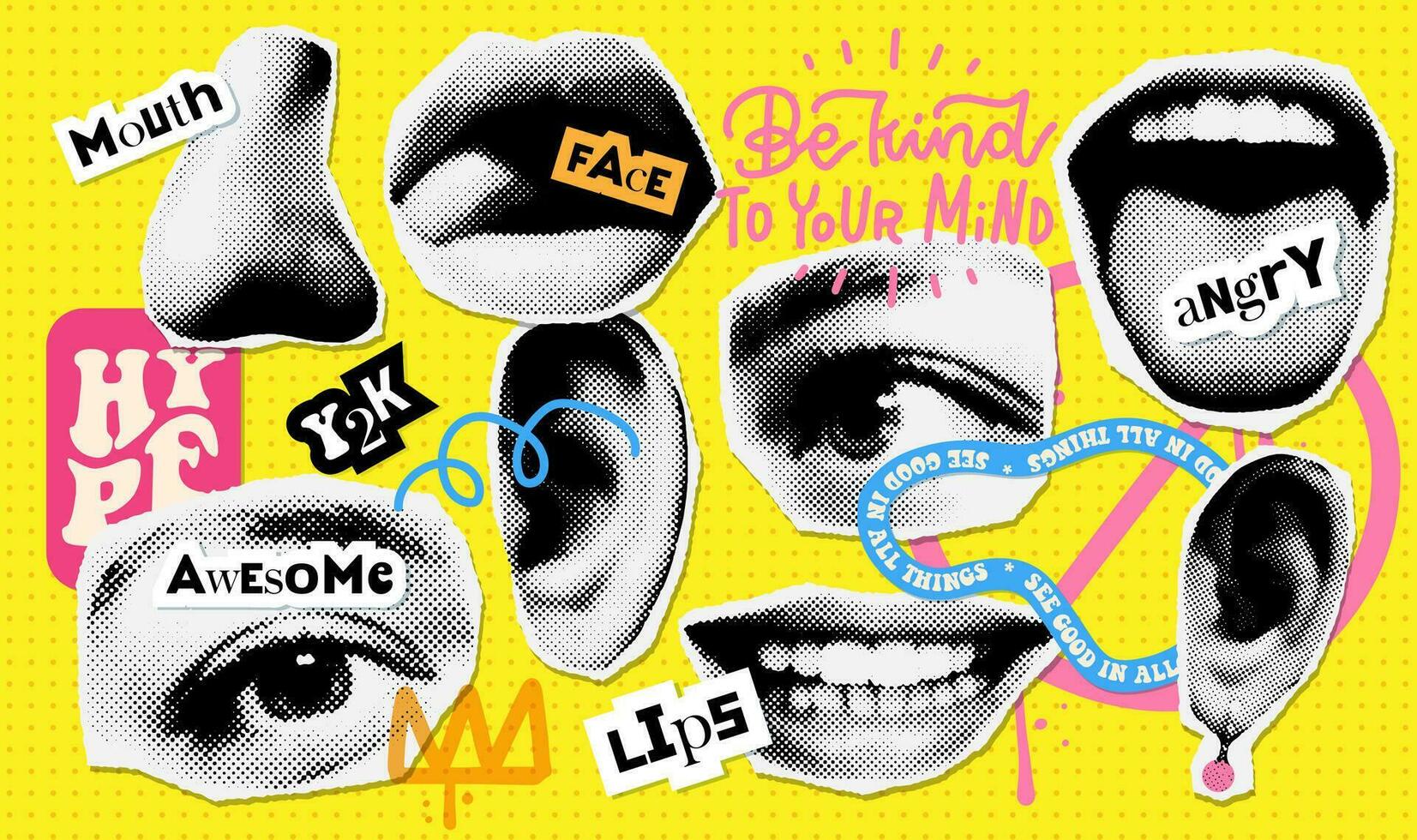 90s Punk style collage elements of face parts set. Eyes, nose, lips and ear in halftone treatment. Retro magazine clippings. Offset dotted Vintage Vector illustration.