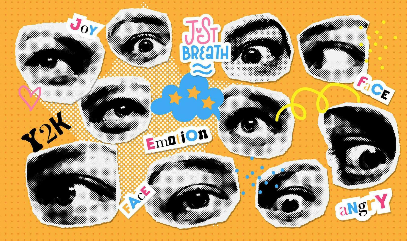 Trendy collage halftone set with emotional eyes. Retro paper stickers template for banner, poster, card. Contemporary dotted vector illustration.