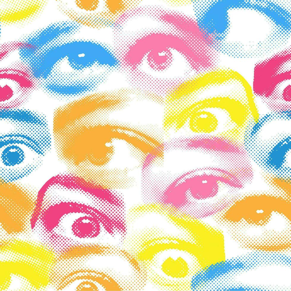 trama de semitonos hembra ojos sin costura modelo. hermosa hembra ojos con punteado textura. adecuado para decoración textiles y papel. Moda y2k impresión. vector ilustración.