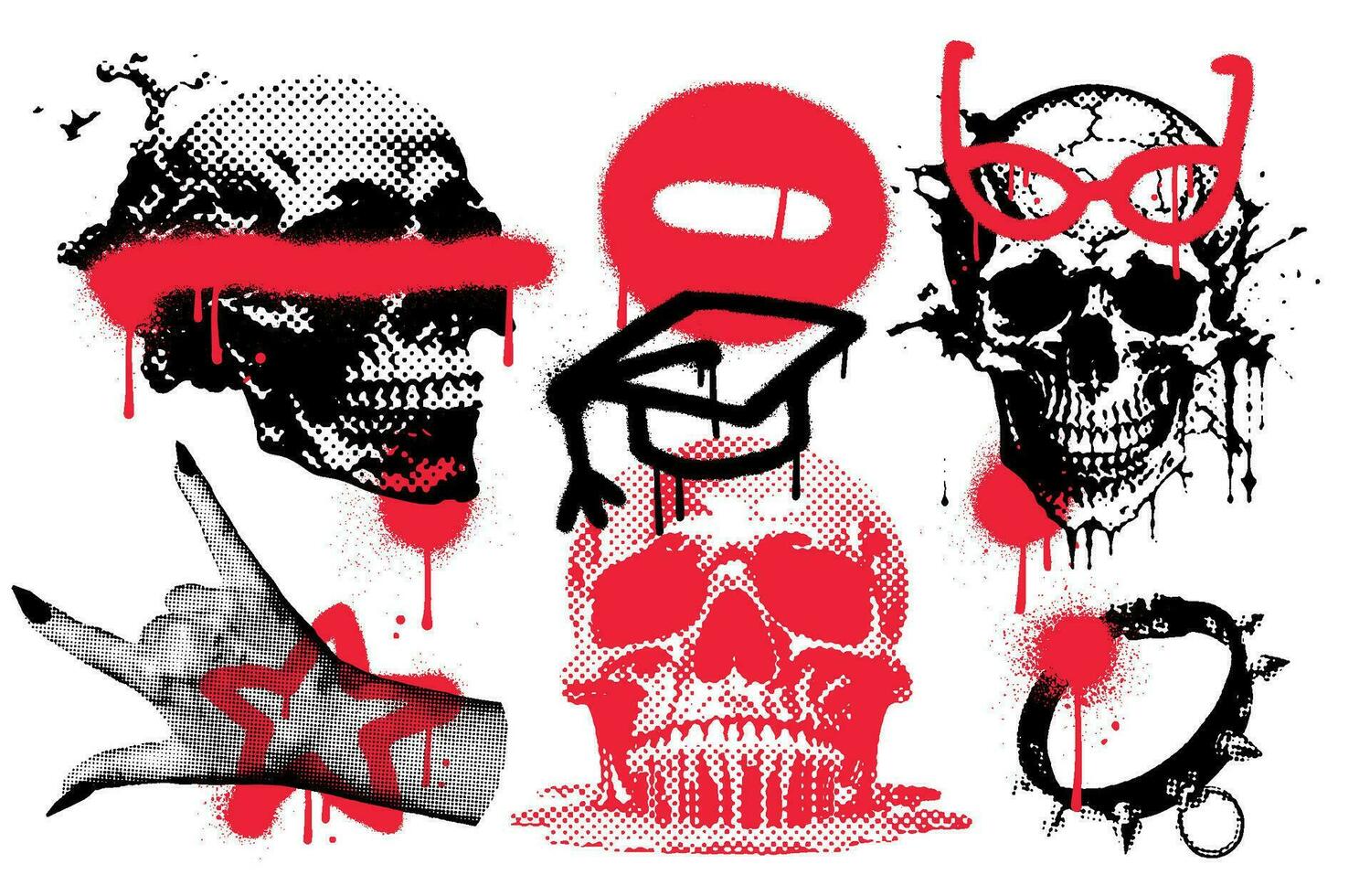 Urban Street Art underground elements - graffiti overspray, star, distorted skulls, for t-shirt, merch, apparel, streetwear. 90s brutal Underground, hip-hop, gangsta acid elements. Vector