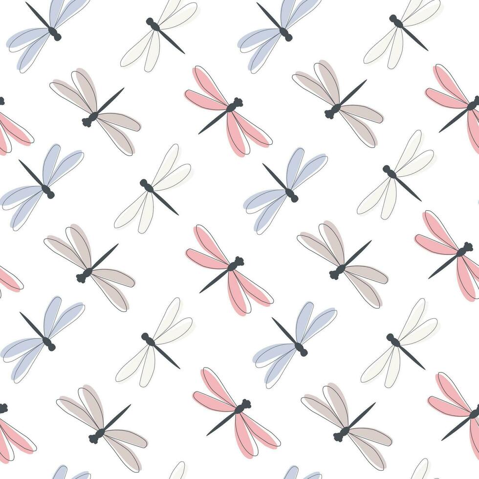 Seamless pattern with summer dragonfly insects. Vector graphics.