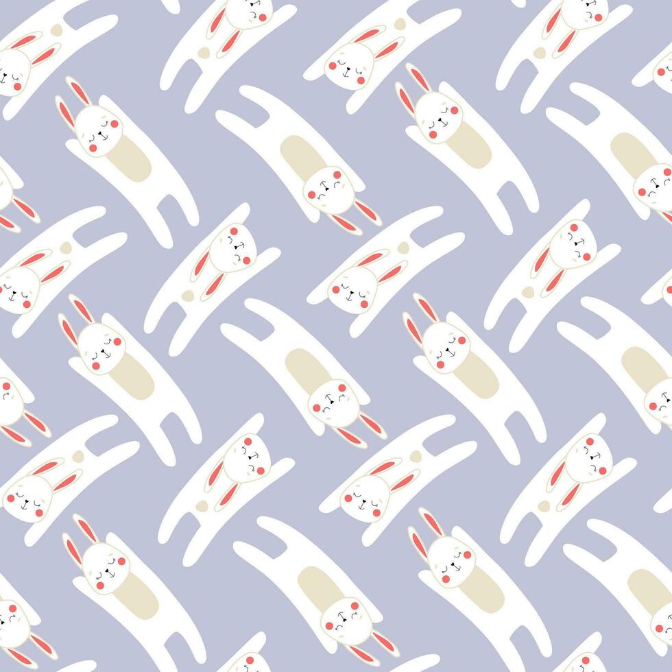 Seamless pattern with jumping, dreaming rabbits. Funny hares are repeated. Vector graphics.