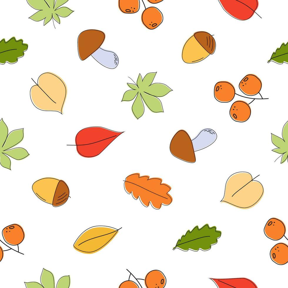 Seamless pattern with autumn leaves, berries, mushrooms. Abstract floral simple print. Vector graphics.