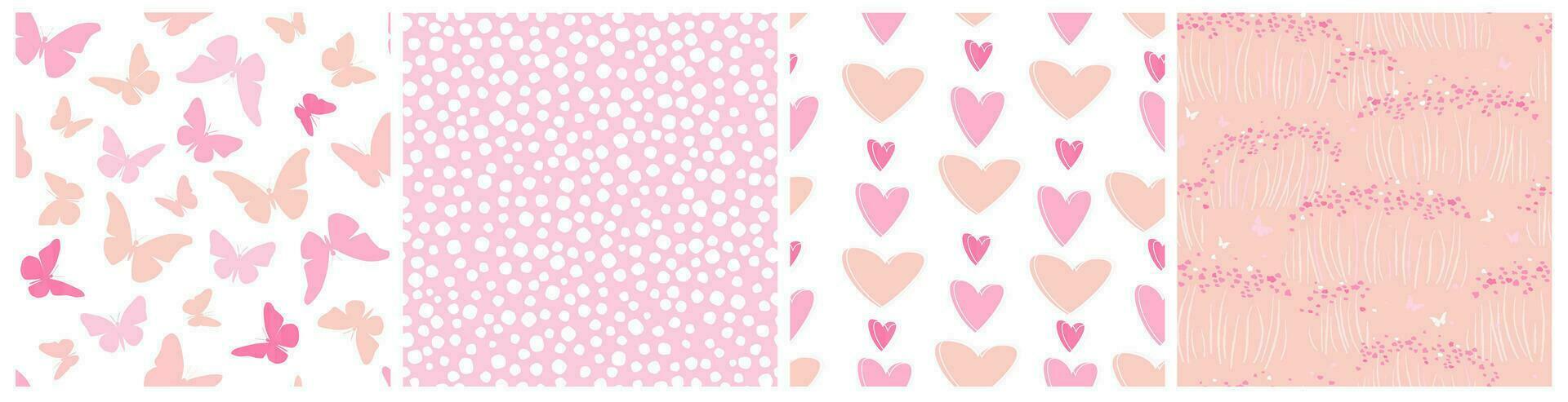 A set of seamless patterns with a festive decor. Pink hearts, butterflies, a floral summer meadow. Simple abstract vector graphics.