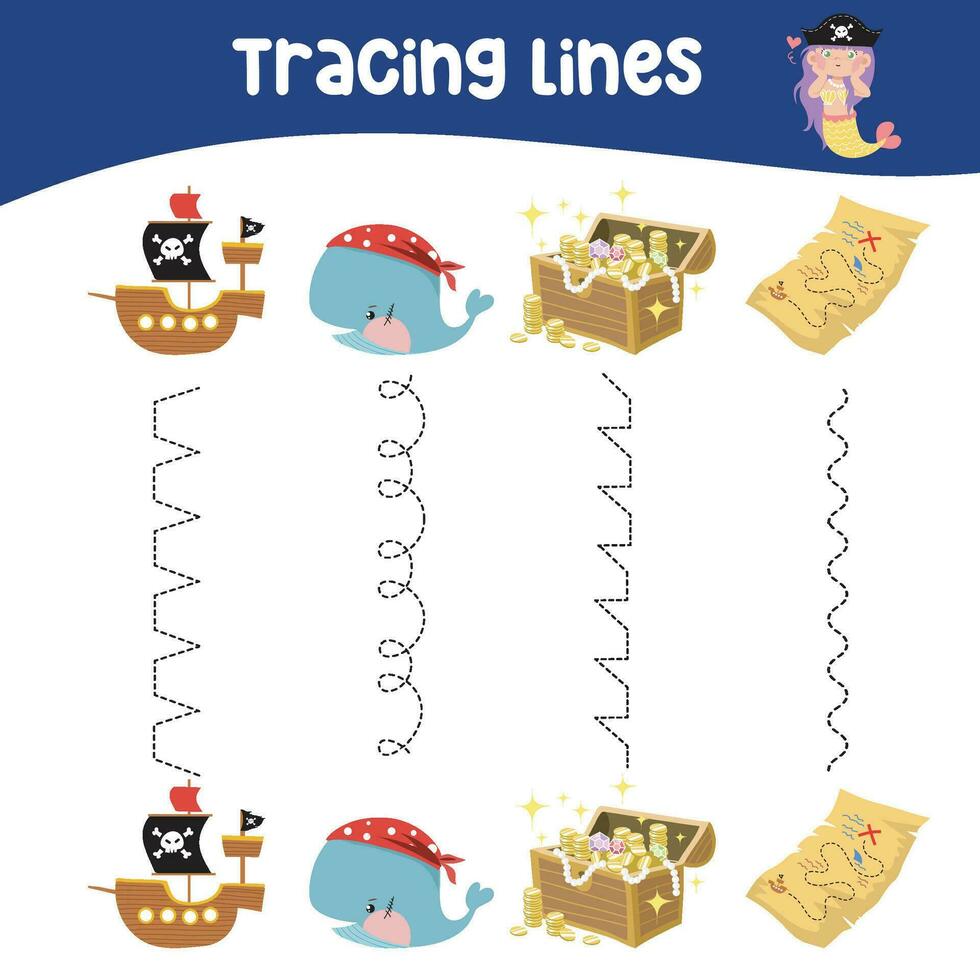 Tracing lines activity for children. Tracing worksheet for kids. Educational printable worksheet. Vector illustration