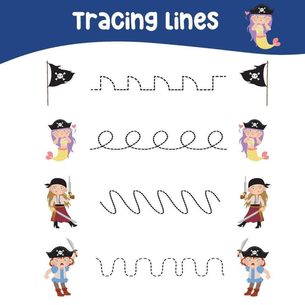 Tracing lines activity for children. Tracing worksheet for kids. Educational printable worksheet. Vector illustration