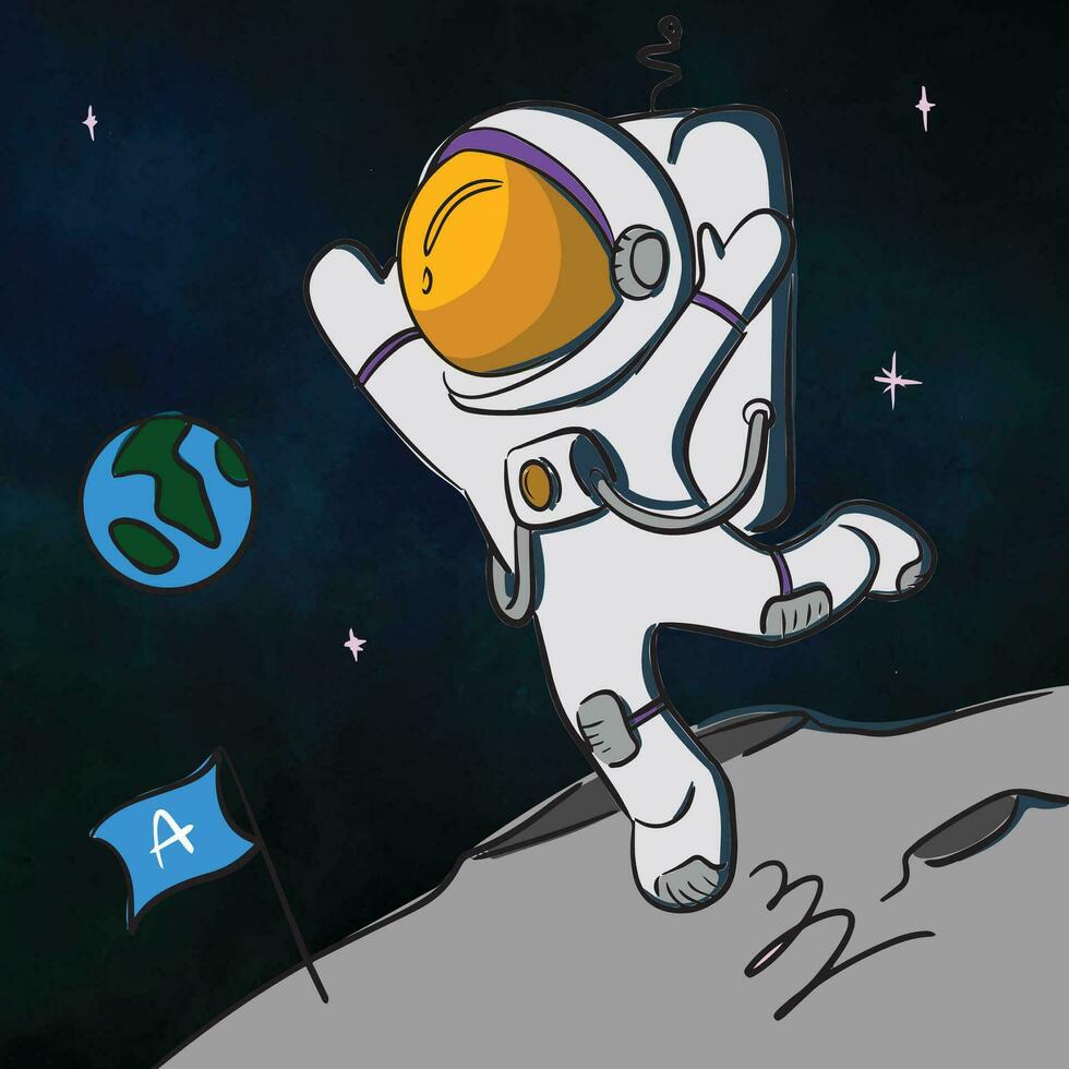 Clipart of an astronaut jumping in outer space with cosmic and earth globe view. Cartoon vector icon illustration. Science technology icon concept isolated vector. Flat cartoon style.