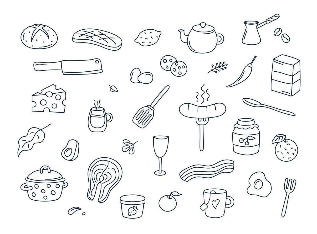 Cocinando garabatos vector conjunto de aislado elementos. linda garabatear ilustraciones colección de utensilios, batería de cocina, alimento, comida ingredientes, cocina objetos. frutas, carne, huevos, panadería en blanco antecedentes