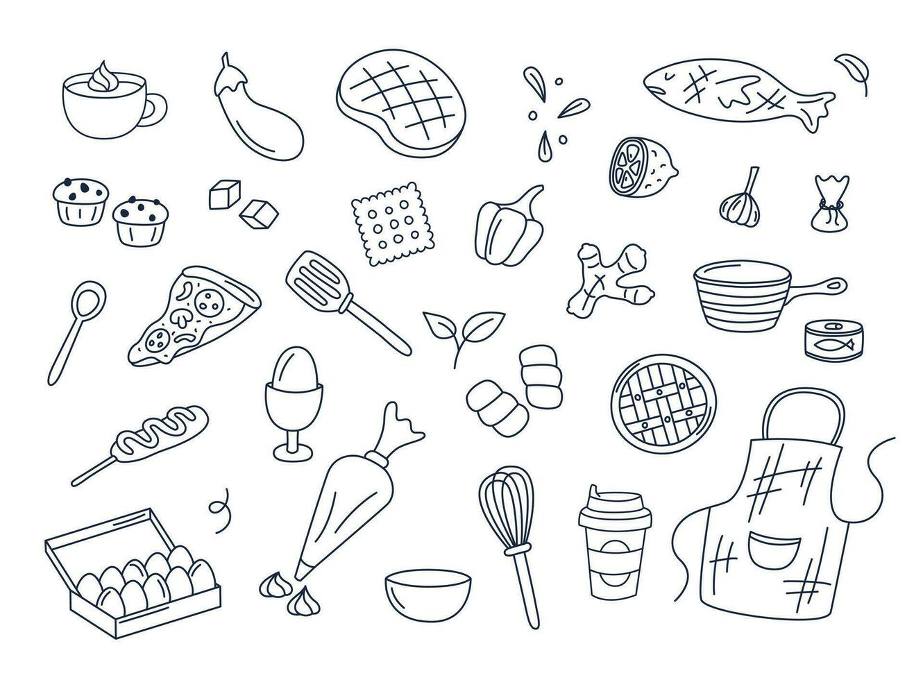 Cooking doodles vector set of isolated elements. Cute doodle illustrations collection of utensils, kitchenware, food, meal ingredients, kitchen objects. Fruits, vegetables, bakery on white background