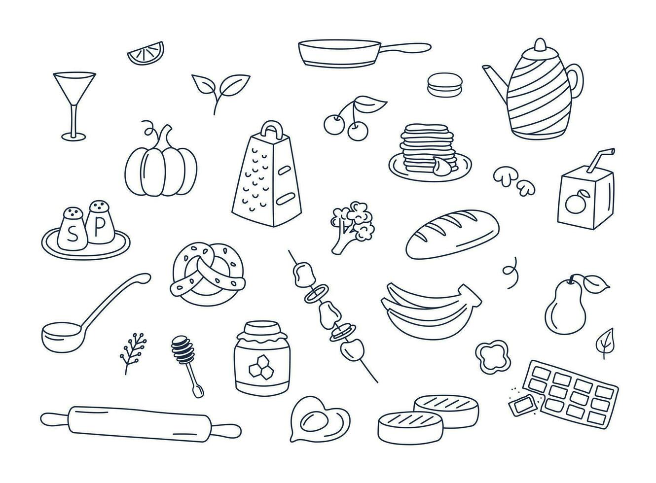 Food and kitchenware doodles vector set of isolated elements. Cooking doodle illustrations collection of utensils, meal ingredients, kitchen objects. Fruits, vegetables, bakery on white background