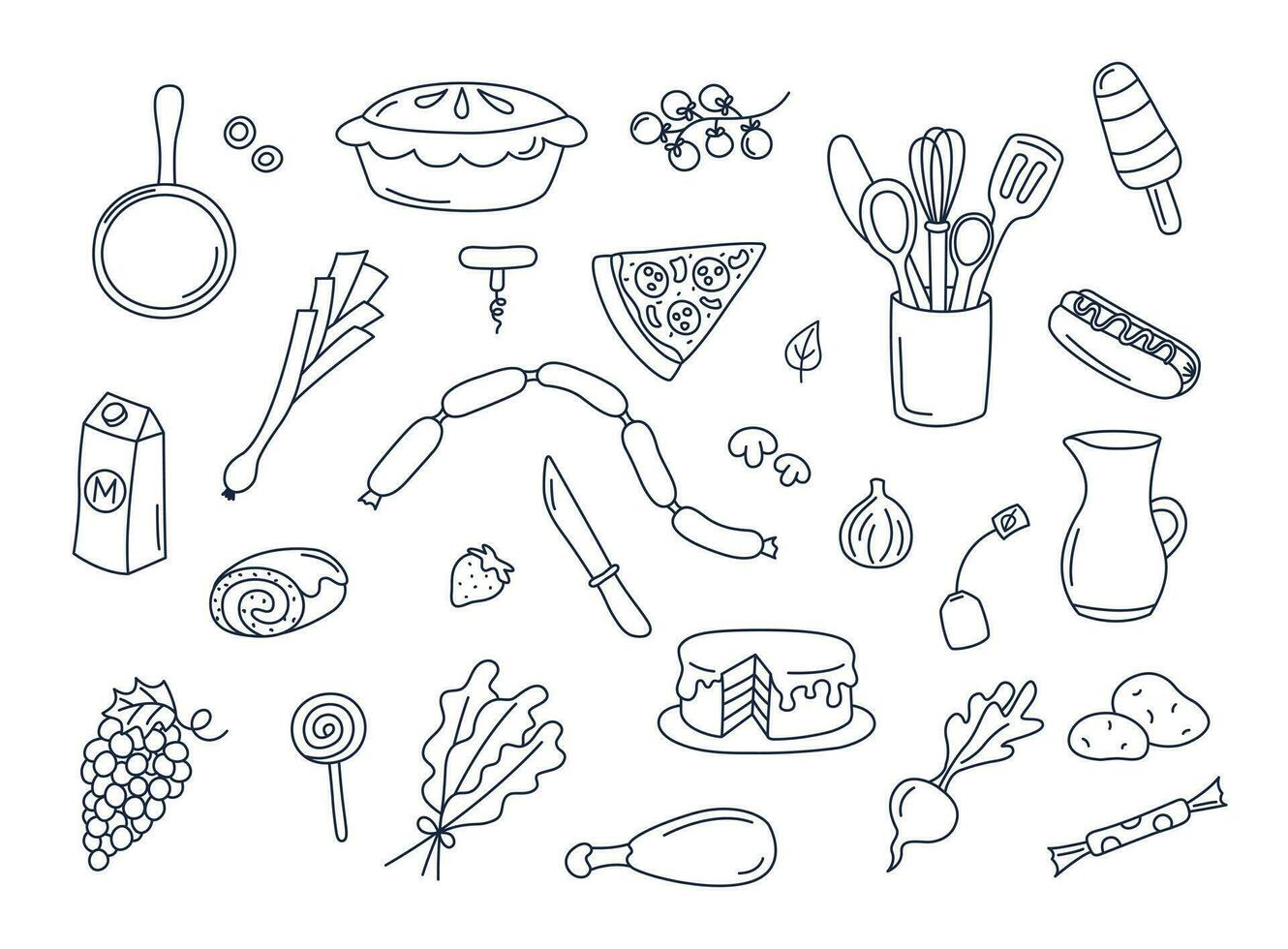 Culinary doodles vector set of isolated cooking elements. Doodle illustrations collection of utensils, kitchenware, food, meal ingredients, kitchen objects. Fruits, vegetables, bakery