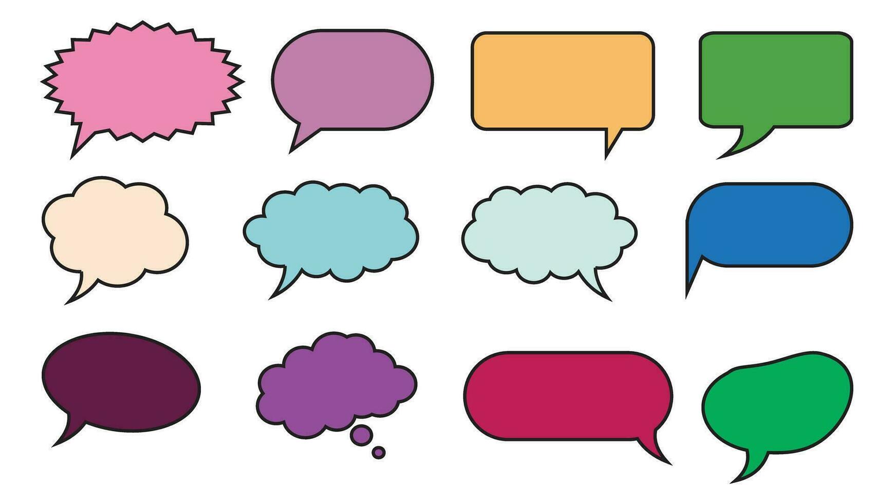 Set of colorful comic speech bubbles. Vector illustration in flat style. Set of colorful speech bubbles in flat style isolated on white background.