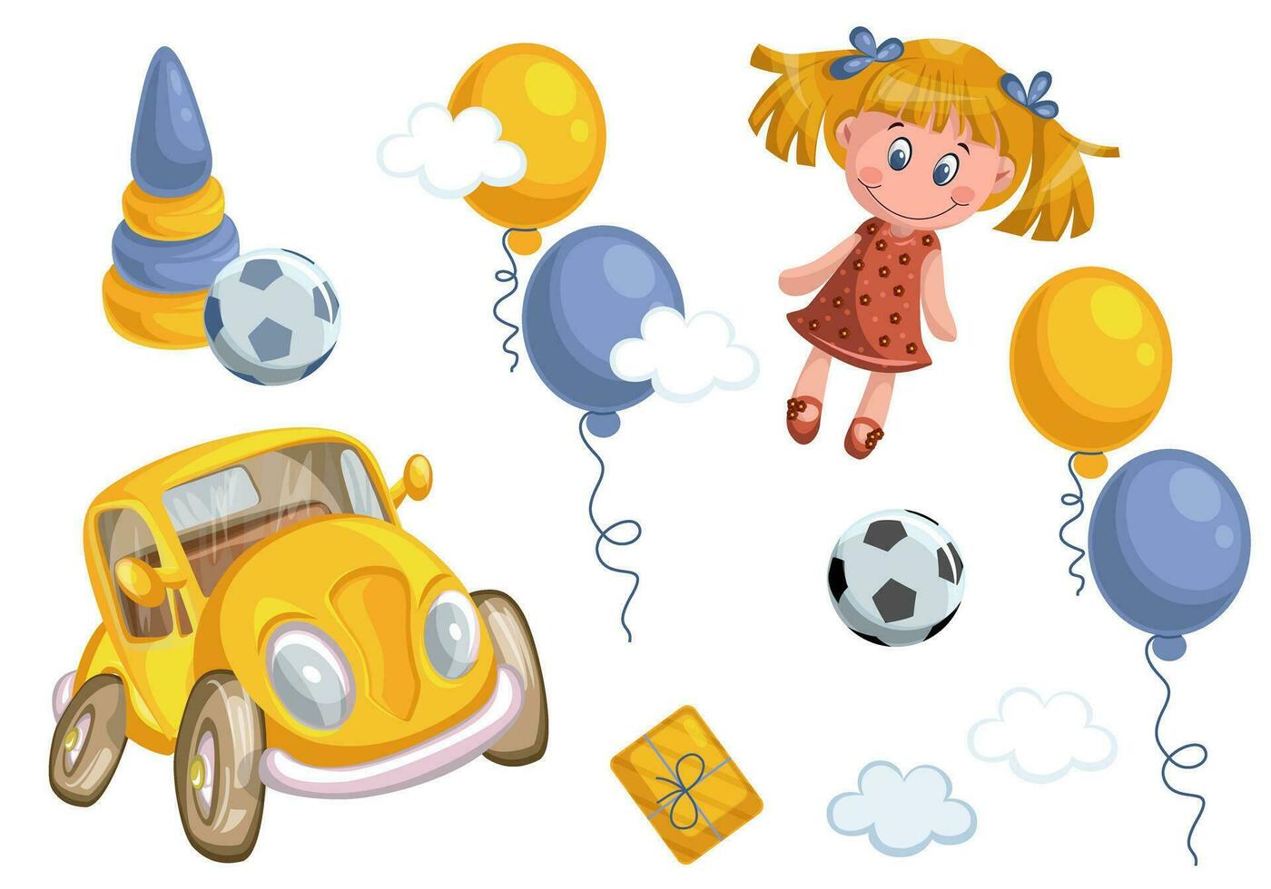 Vector image of a children's set with various toys that will suit both girls and boys. EPS 10