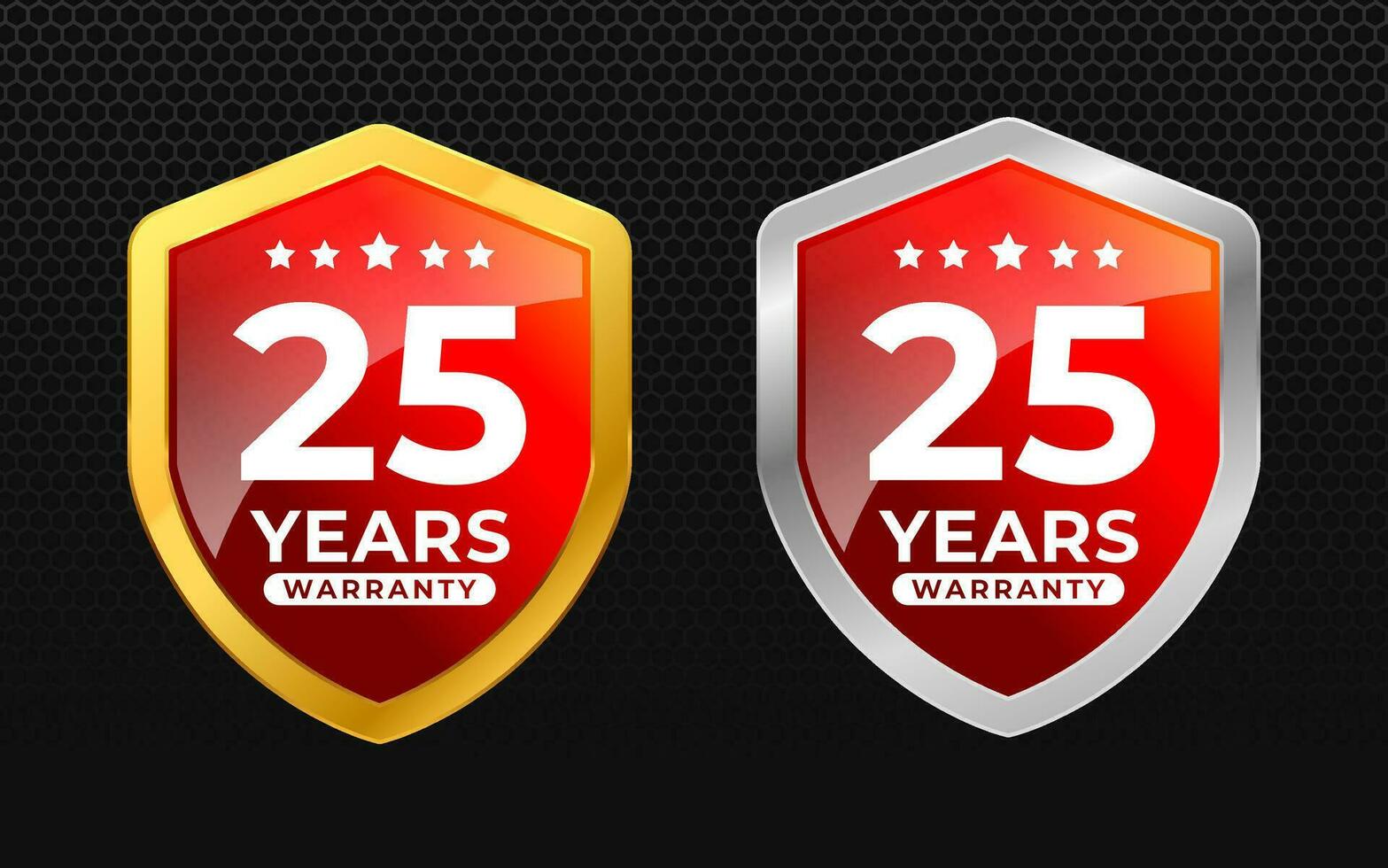 25 years warranty with glossy gold and silver vector shield shape. for label, seal, stamp, icon, logo, badge, symbol, sticker, button