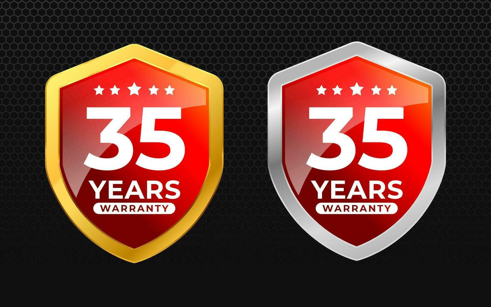 35 years warranty with glossy gold and silver vector shield shape. for label, seal, stamp, icon, logo, badge, symbol, sticker, button