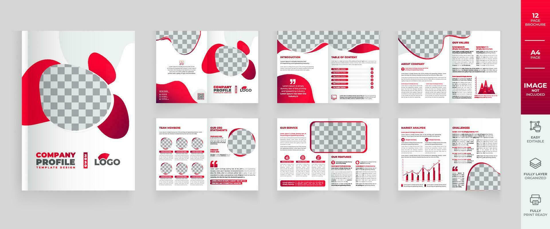 empresa perfil folleto modelo disposición, rojo mínimo empresa perfil modelo disposición, 12 paginas folleto, proyecto propuesta diseño vector