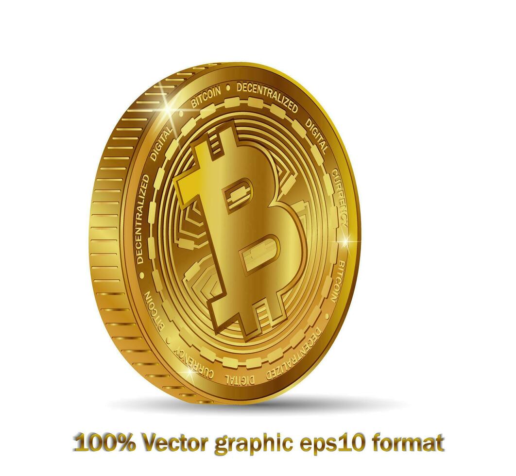 Golden bitcoin coin. Crypto currency golden coin bitcoin symbol isolated on white background. Realistic vector illustration.