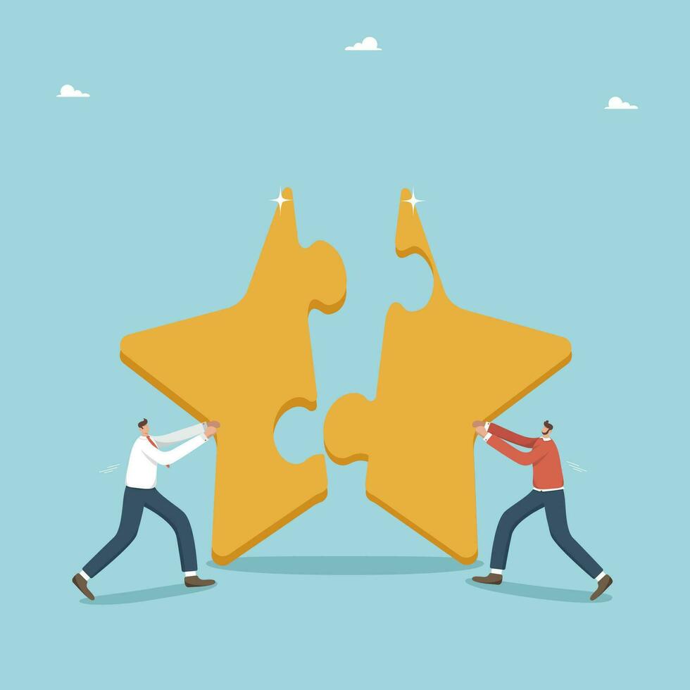Collaboration or partnership for great success, teamwork for a fast paced business development and reward, joint achievement of goals and a high result, two businessmen put together star like a puzzle vector