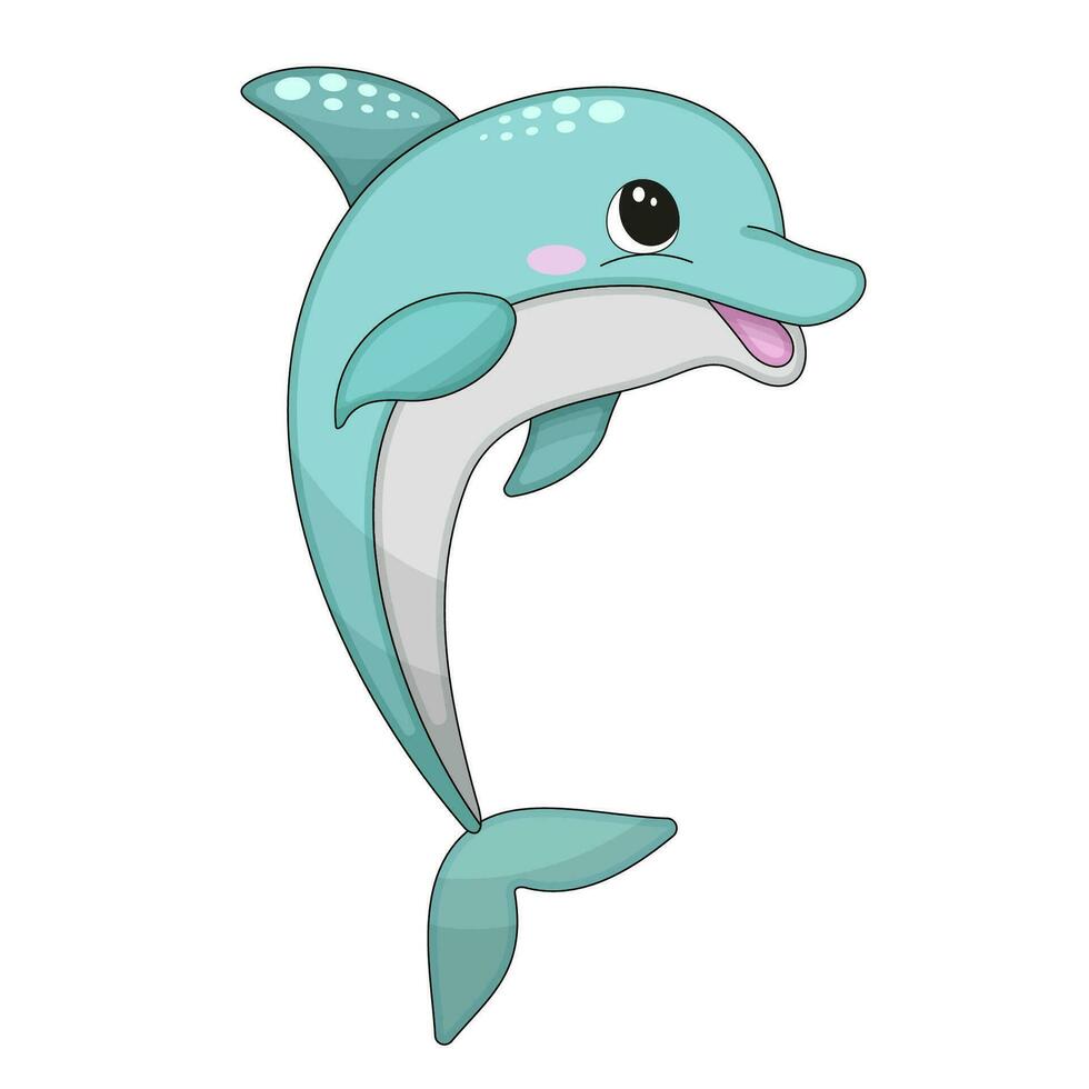 Vector illustration of cartoon cute happy dolphin jumping for design element. Funny sea animal on a white background.