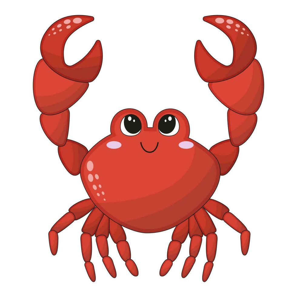 Vector illustration of cartoon cute happy crab jumping for design element. Funny sea animal on a white background.