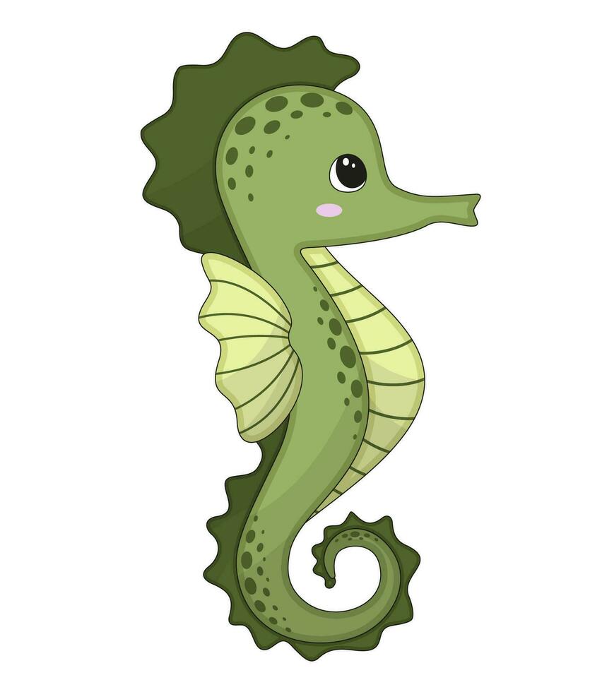 Vector illustration of cartoon cute happy seahorse for design element. Funny sea animal on a white background.