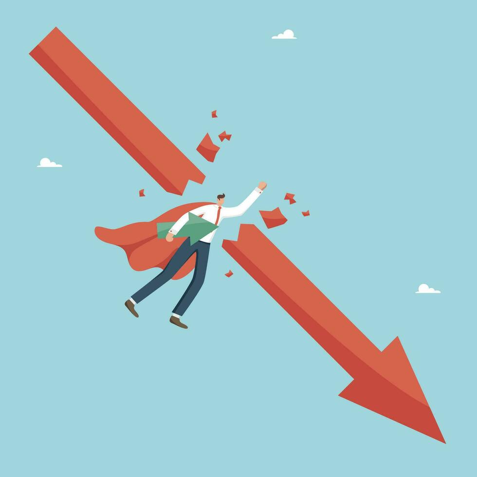 Ways to overcome difficulties, counteracting the economic crisis, strategies for maintaining business profitability in a market downturn, exiting bankruptcy, man flies and breaks arrow falling down. vector