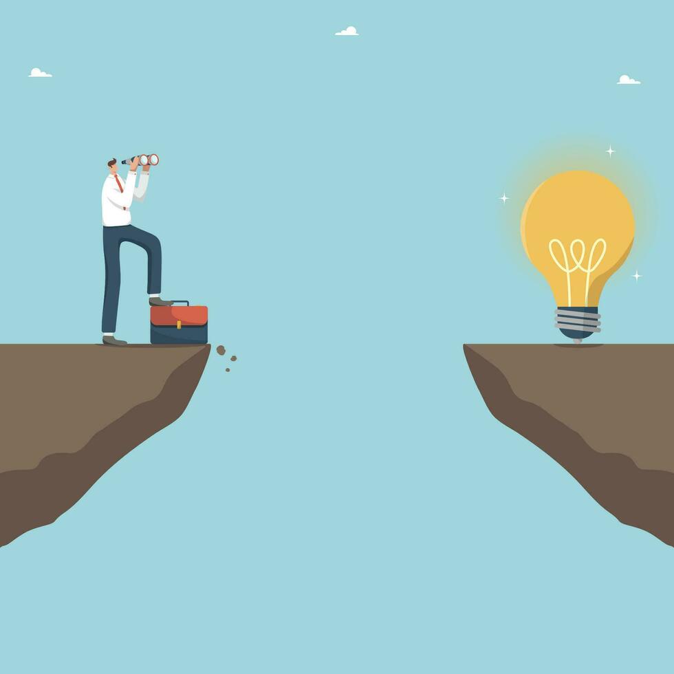Vision of future development of business while introducing innovations, search for new opportunities to create creative ideas, planning a strategy, man with binoculars looks at light bulb from cliff. vector