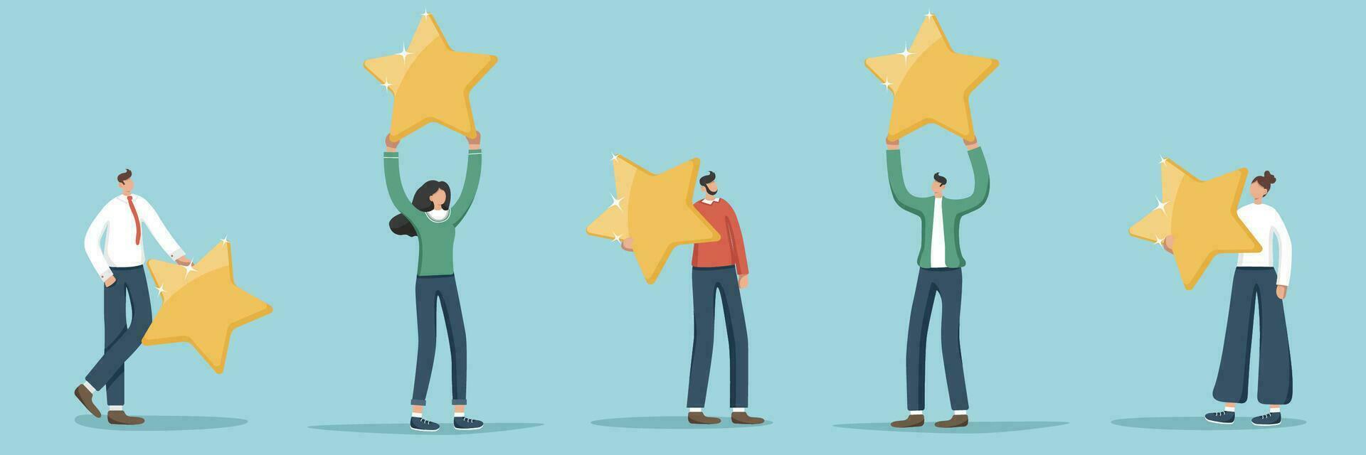 Set of illustrations of random people with stars. Achievement of high results in work done, great success in solving business problems, motivation and productivity in achieving goals, superiority. vector