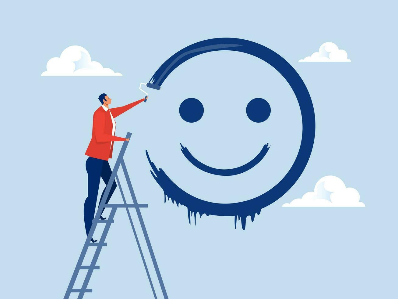 Positive thinking concept,happy businessman  climb up  stairs ladder to painting ing smile face on wall with roller vector illustration.