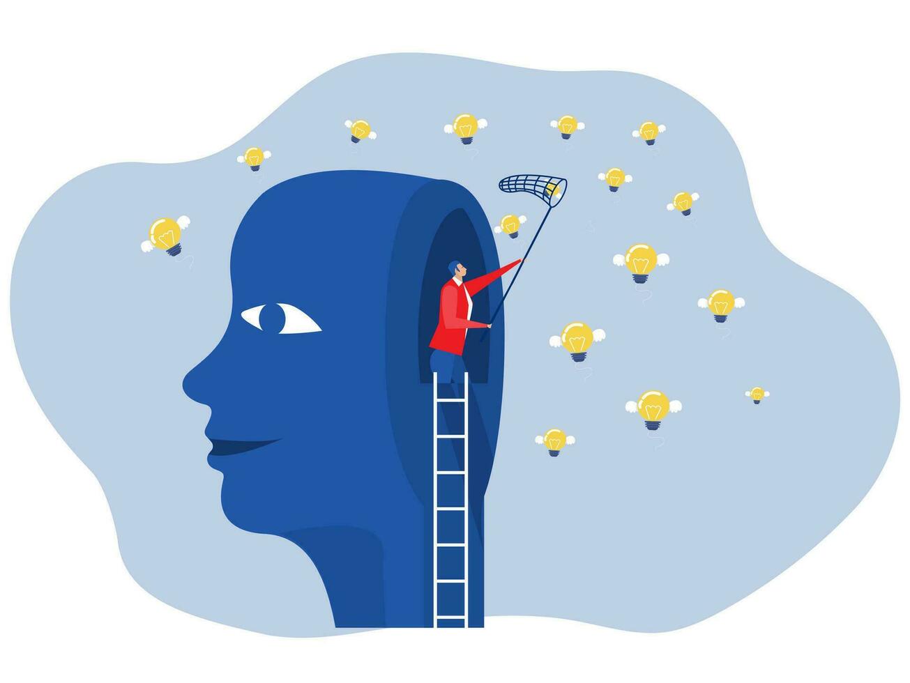 New creative idea thinking concept ,Businessman in head to using butterfly net to catch  light bulb idea, Investors, Competitors Following Creative Startup Ideas vector