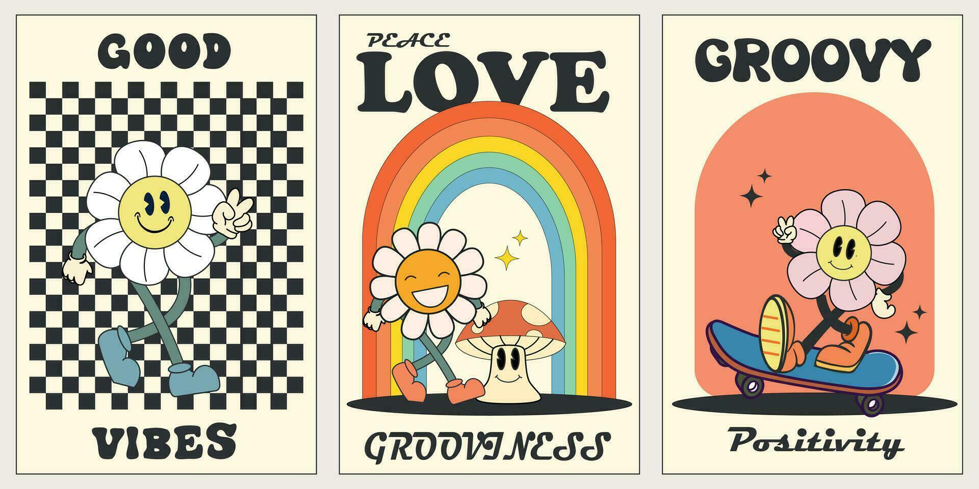 Groovy hippie 70s posters with positive quotes. Groovy flower cartoon characters. Funny happy daisy with eyes and smile. Isolated vector illustration. Hippie 60s, 70s style. Vector