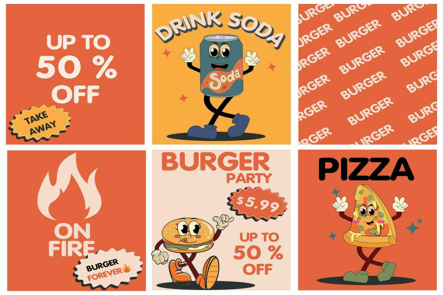 Burger retro cartoon fast food posters and cards. Comic character slogan quote and other elements for burger bar restaurant. Social media templates stories posts. Vector illustration