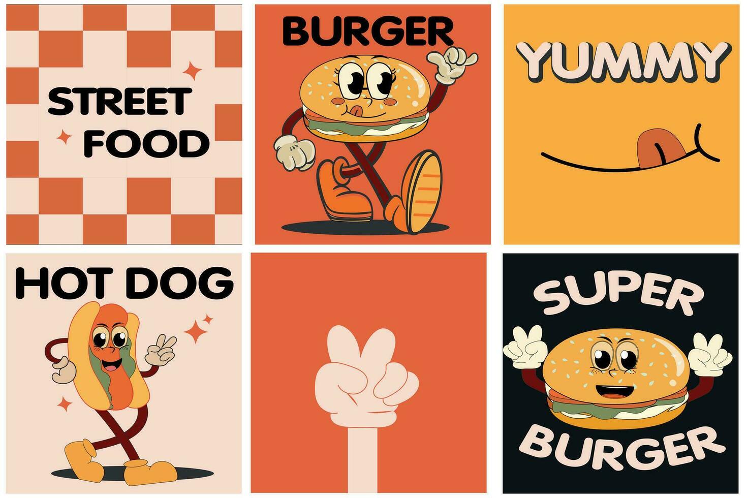 Burger retro cartoon fast food posters and cards. Comic character slogan quote and other elements for burger bar restaurant. Social media templates stories posts. Vector illustration